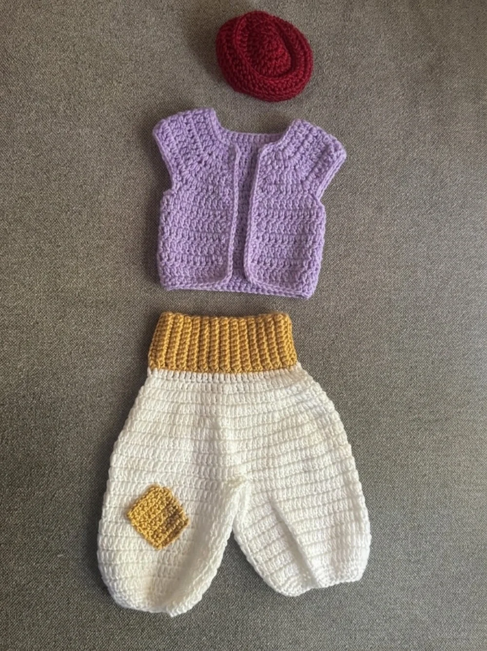 Baby Crochet Vest, Pants and hat Set - Aladdin inspired baby size 0-3 month